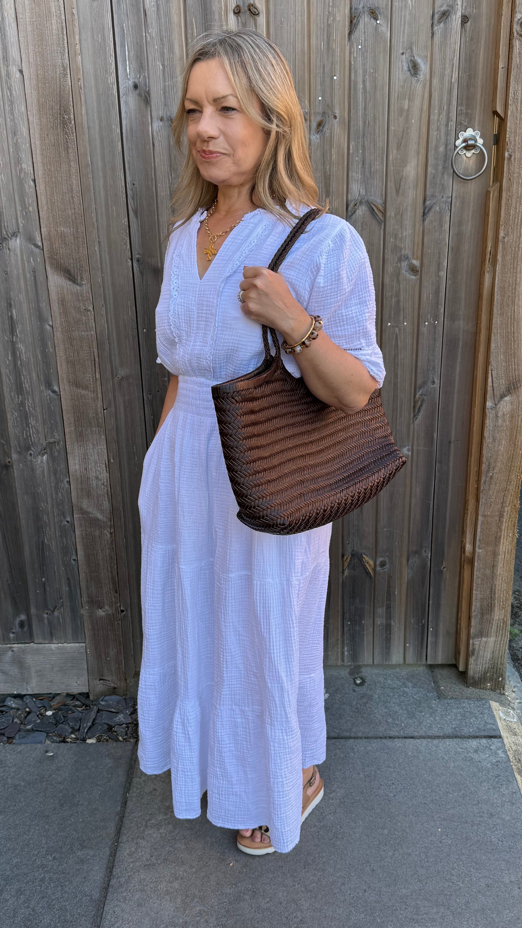 White Cotton Broiderie Trim Maxi Dress