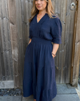 Navy Cotton Broiderie Trim Maxi Dress
