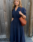 Navy Cotton Broiderie Trim Maxi Dress