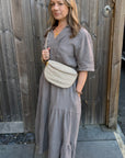 Taupe Cotton Broiderie Trim Maxi Dress