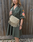 Khaki Embroidered Sleeve Cotton Dress