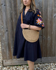 Navy Embroidered Sleeve Cotton Dress