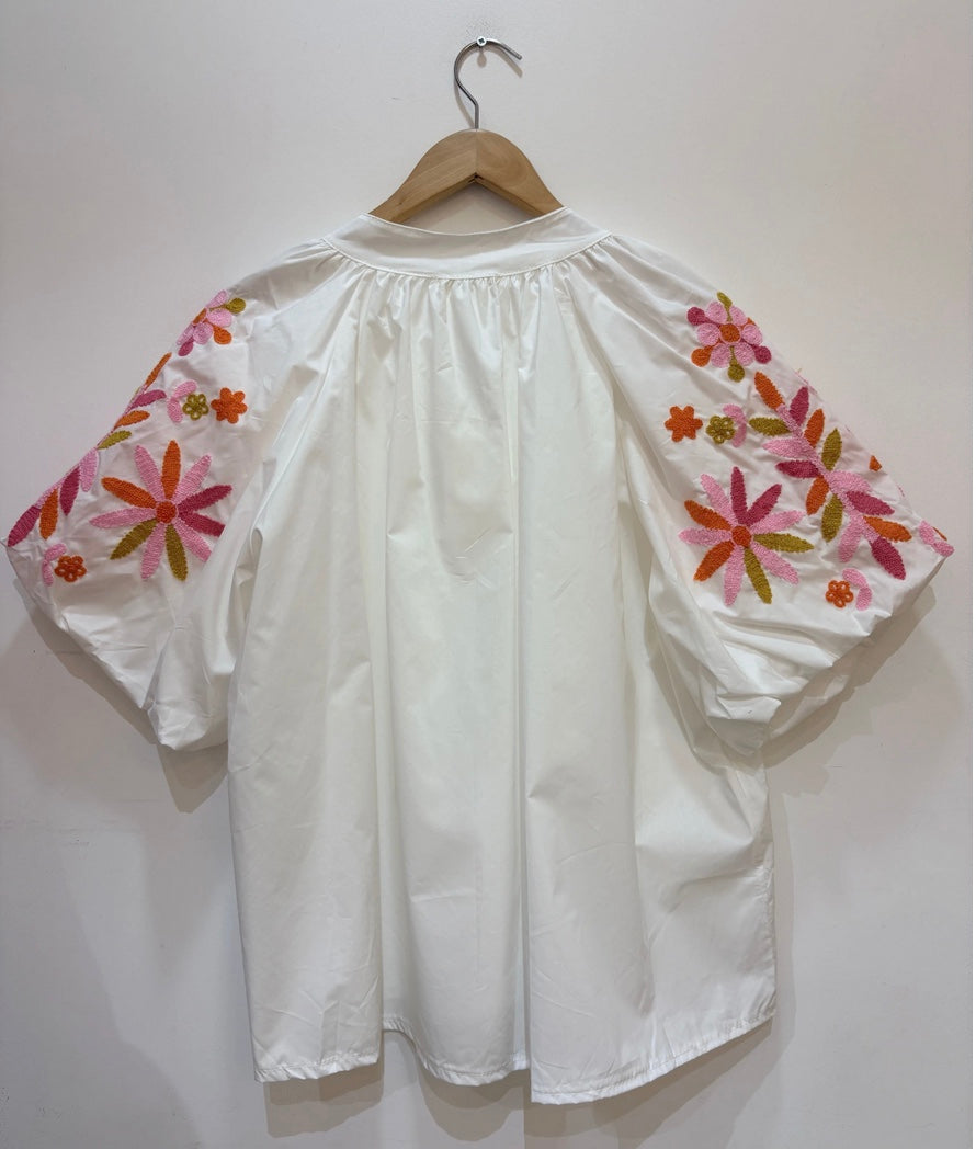 White Embroidered Sleeve Cotton Blouse