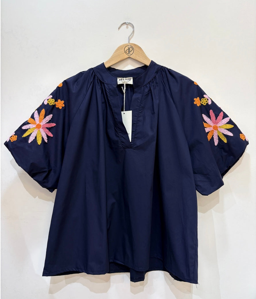 Navy Embroidered Sleeve Cotton Blouse