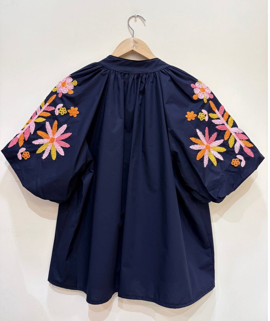 Navy Embroidered Sleeve Cotton Blouse