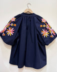 Navy Embroidered Sleeve Cotton Blouse