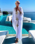 White & Gold Embroidered Maxi Beach Dress Kaftan