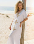 White & Gold Embroidered Maxi Beach Dress Kaftan