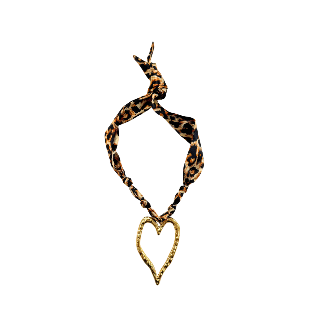Leopard Print Ribbon Necklace with Gold Heart