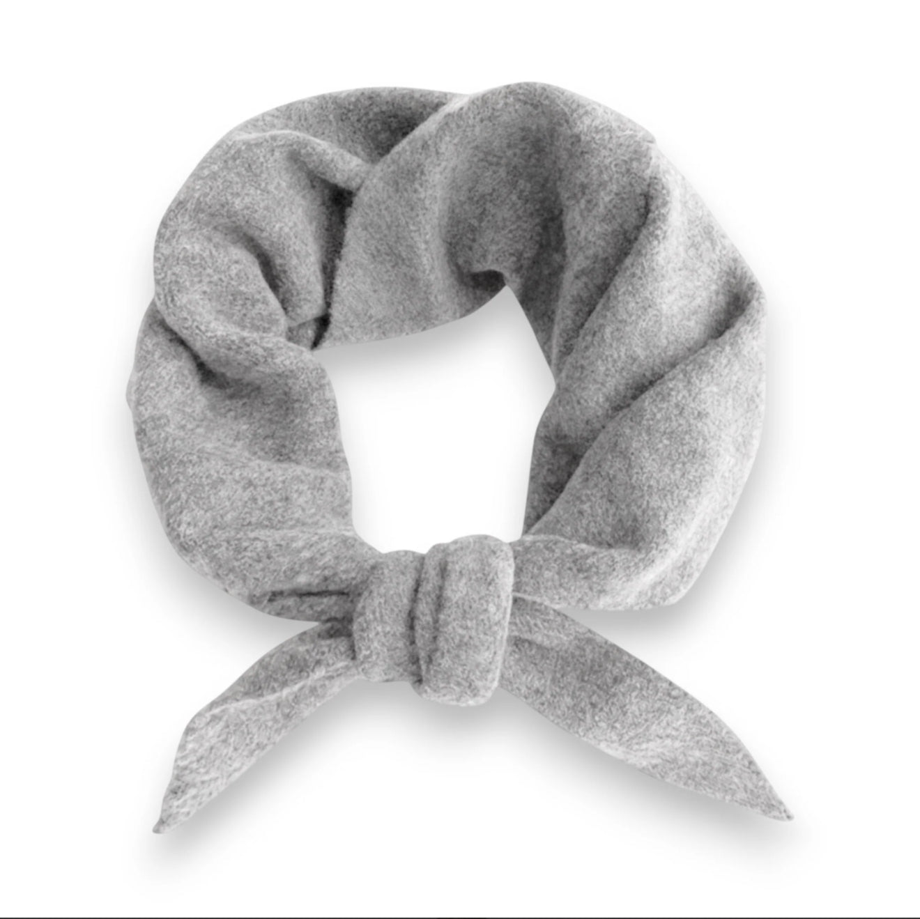 Light grey knitted triangle scarf on a white background