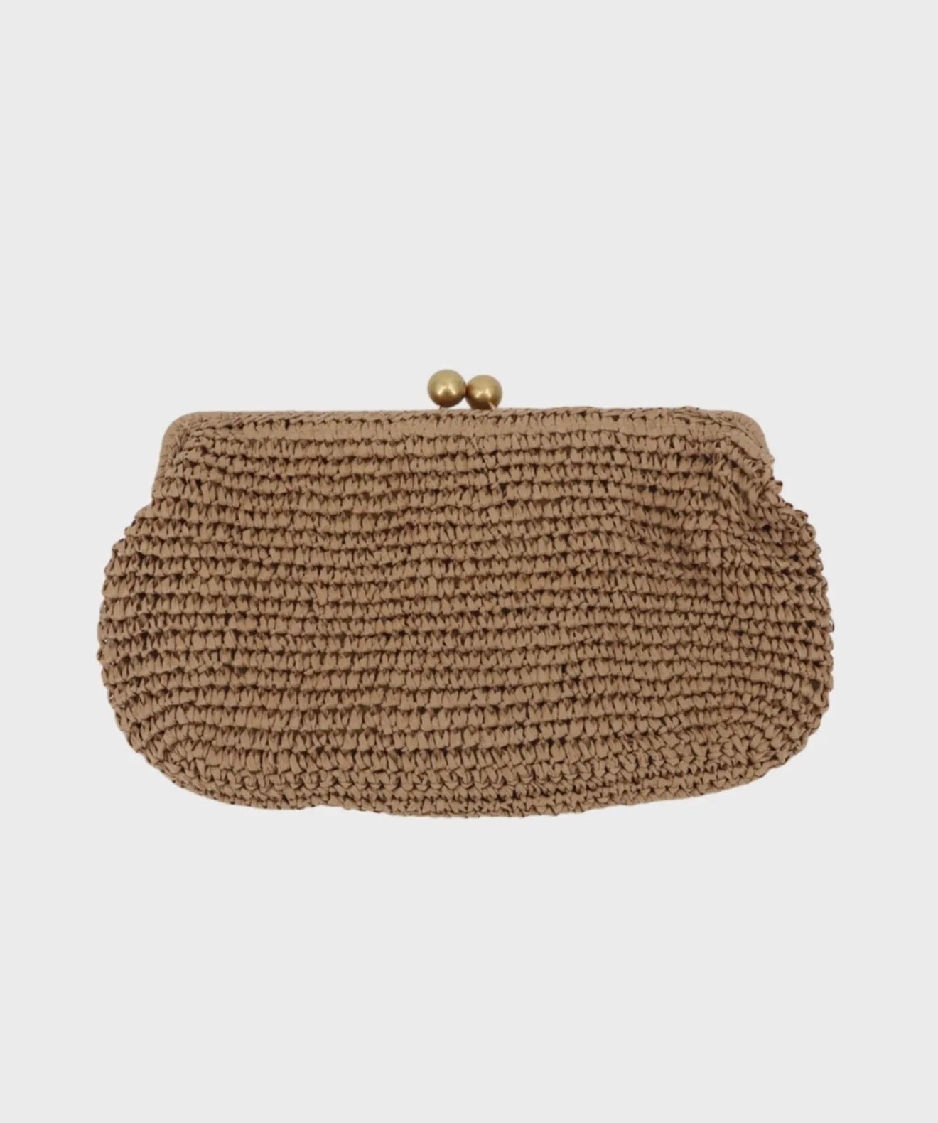 Brown woven clutch bag with a gold clasp on a white background