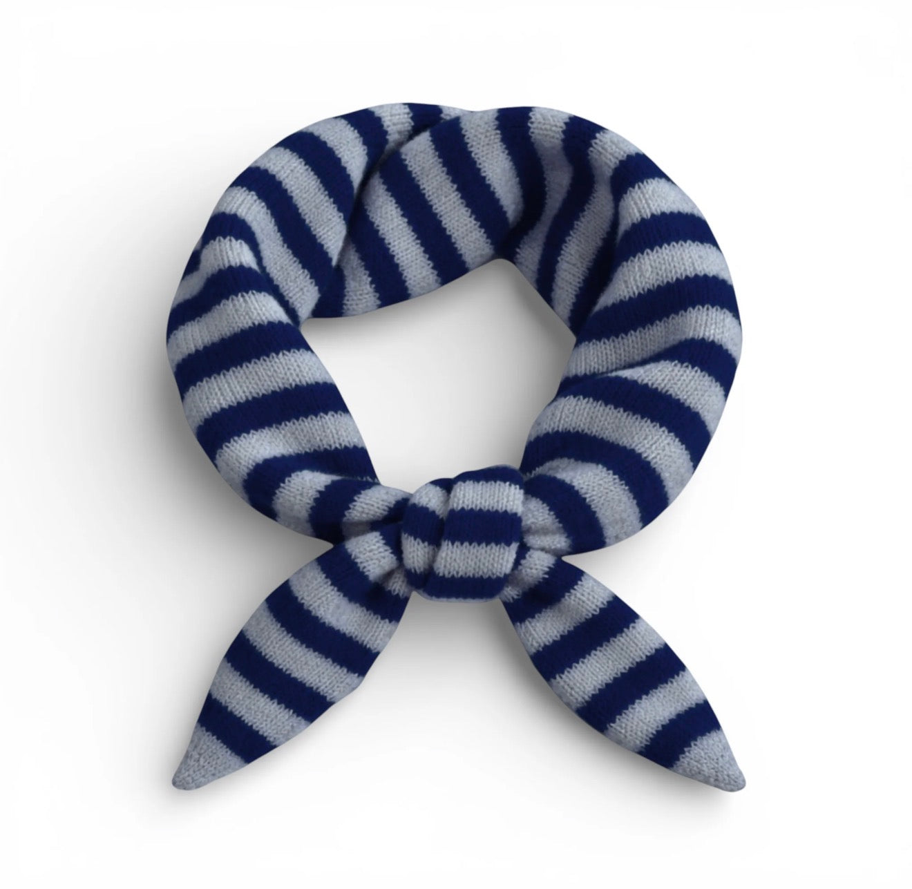 Navy and gray striped scarf tied into a knot on a white background