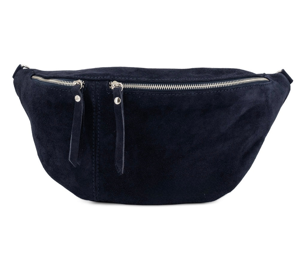 Black suede fanny pack with silver zippers on a white background