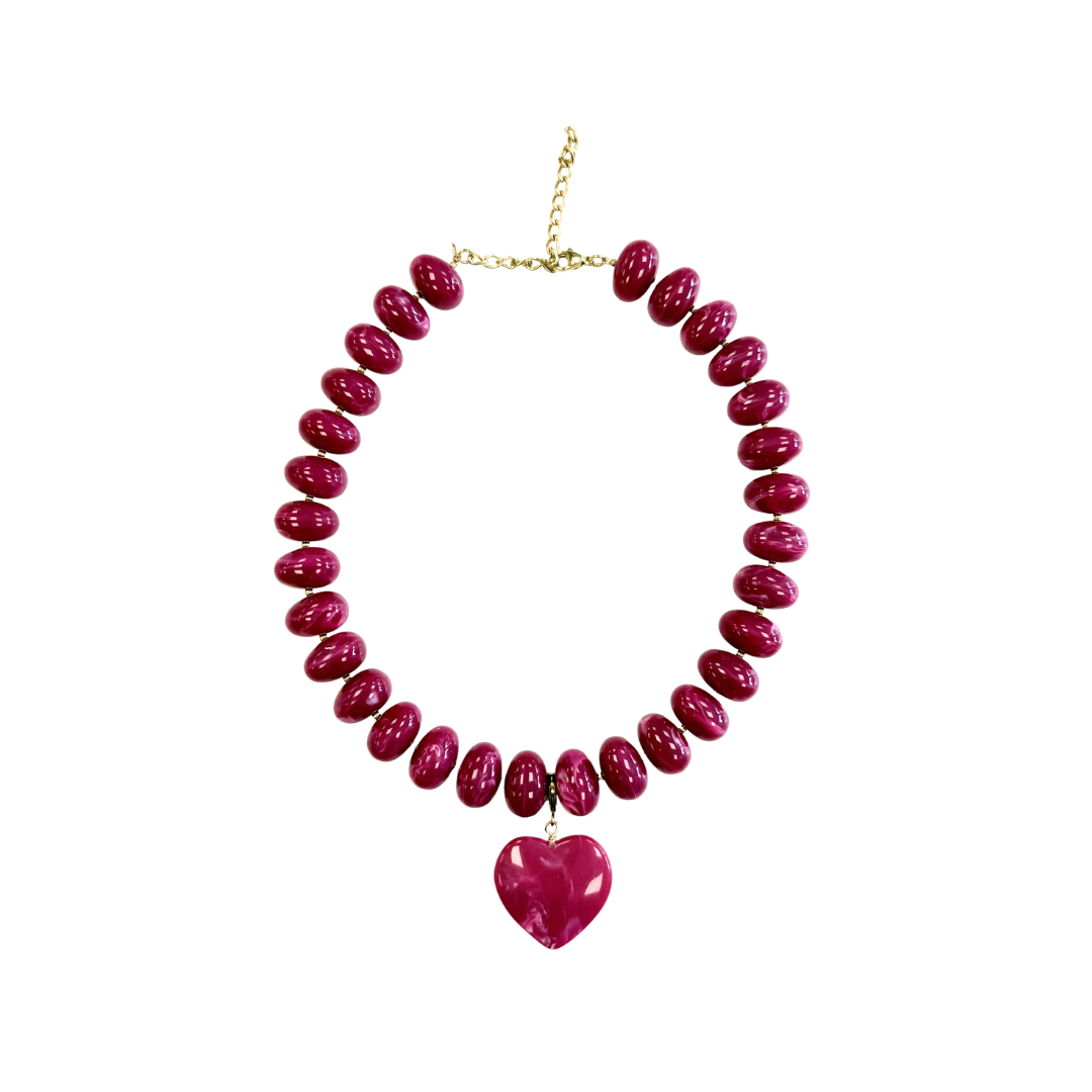 Raspberry Pink Heart Resin Beaded Necklace