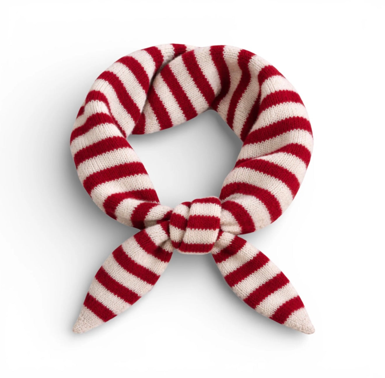 Red and white striped scarf tied in a knot on a white background