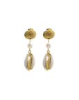 Pair of gold and shell earrings on a white background