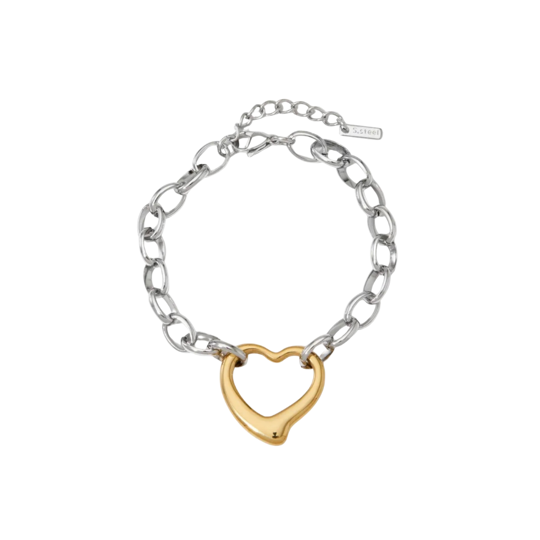 Bracelet with a gold heart charm on a silver chain against a white background.