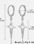 Silver hoop earrings with star-shaped pendants, showing measurements and weight