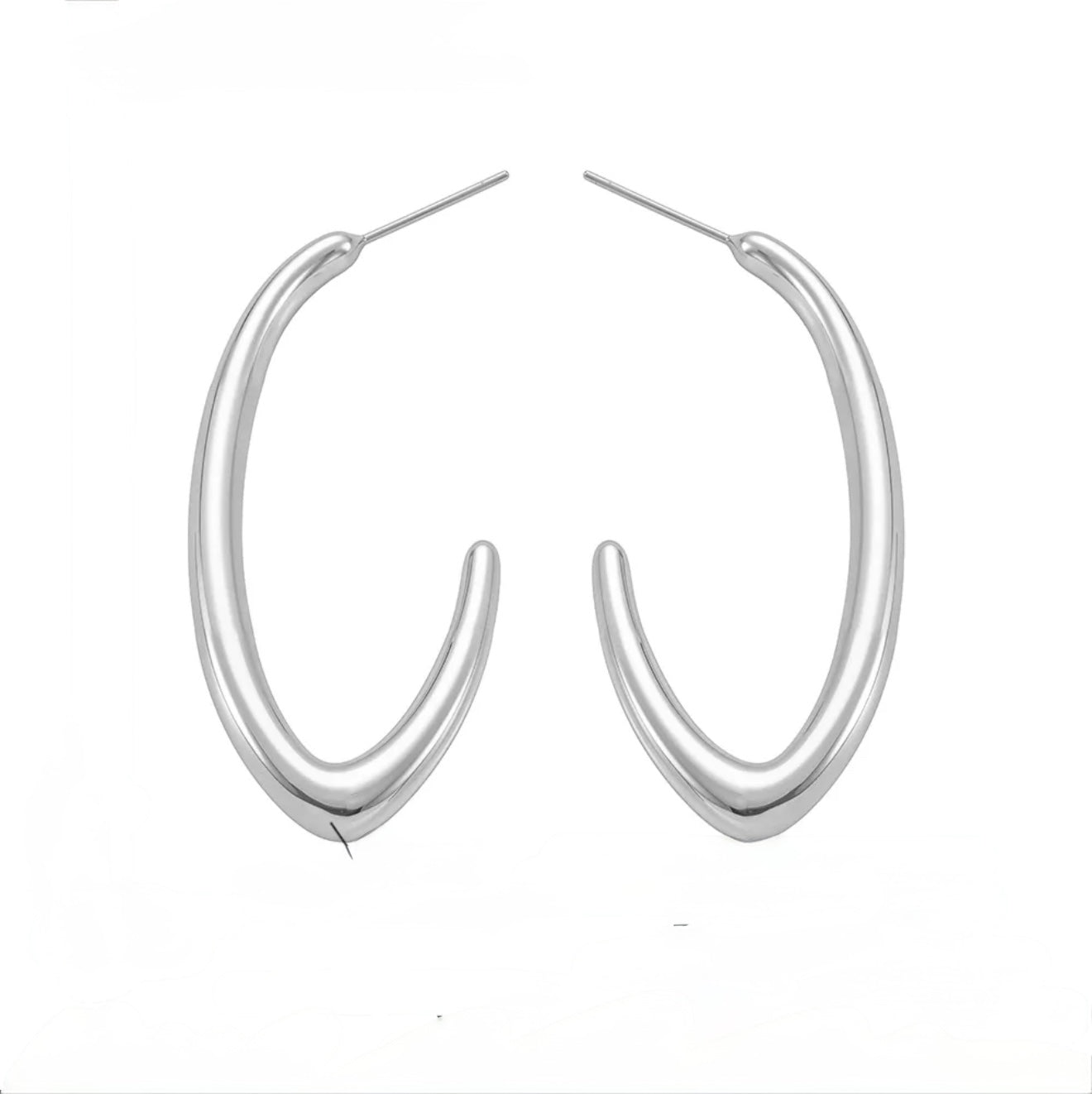 Silver loop drop earrings on a white background