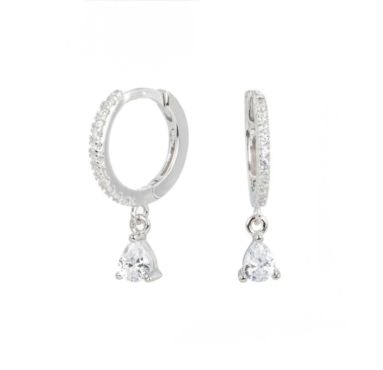 Silver hoop earrings with teardrop-shaped crystals 
