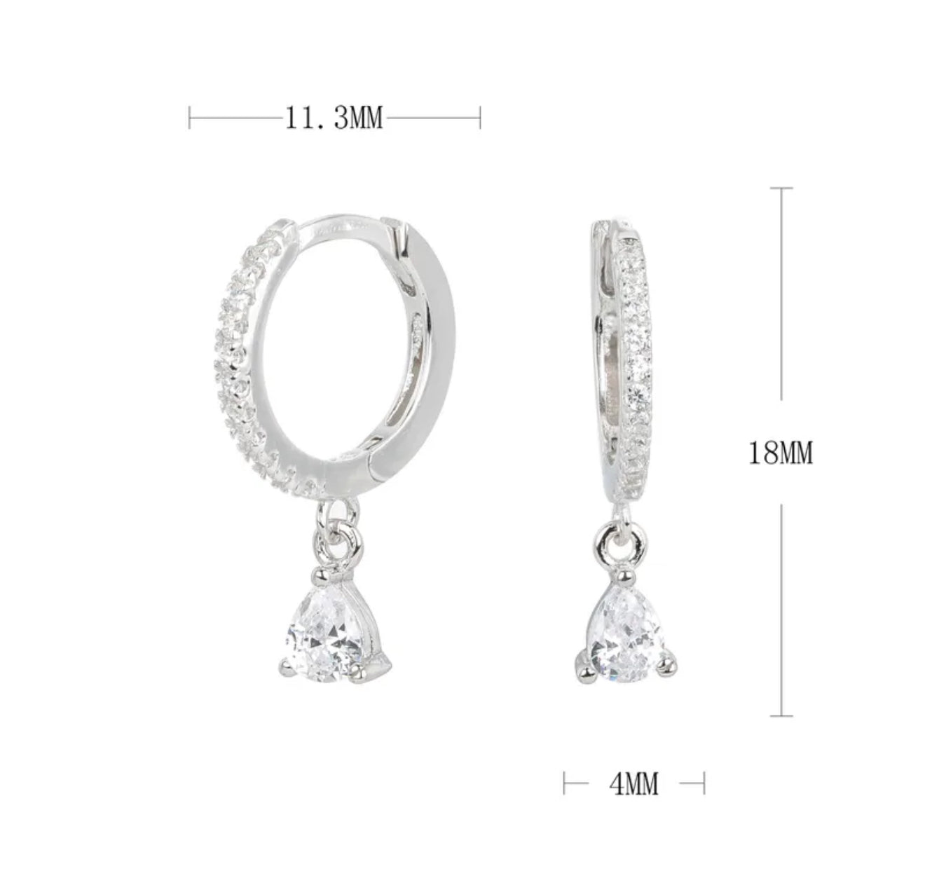 Silver hoop earrings with teardrop-shaped charms and measurements on a white background