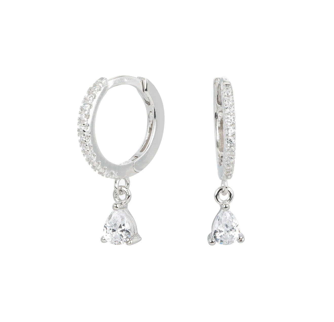 Silver hoop earrings with droplet gems. 