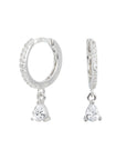 Silver hoop earrings with droplet gems. 