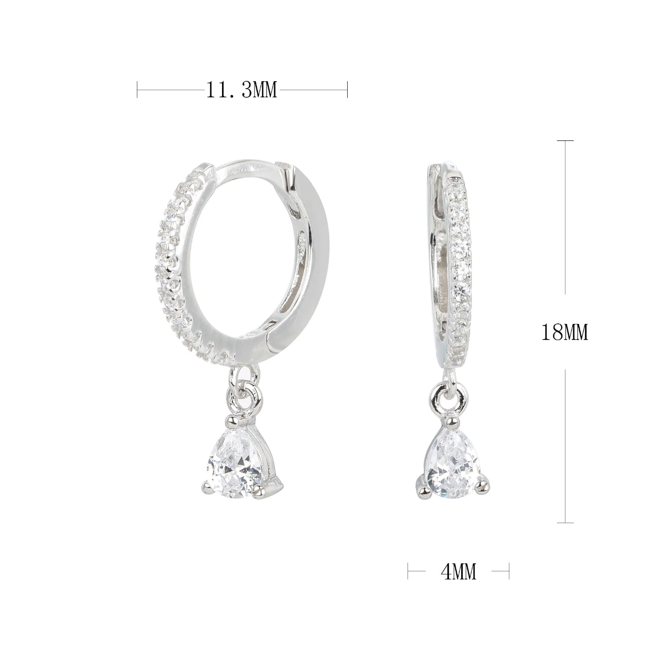 Silver hoop earrings with teardrop-shaped charms and measurements. 