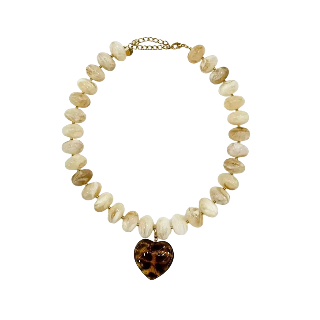 Stone &amp; Leopard Heart Resin Beaded Necklace