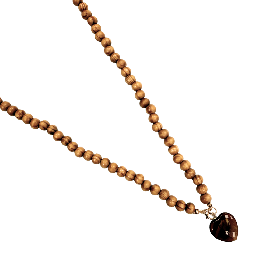 Ochre Long Wooden Beaded Necklace with Brown Resin Heart