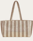 a taupe and cream raffia tote bag with gold accents 