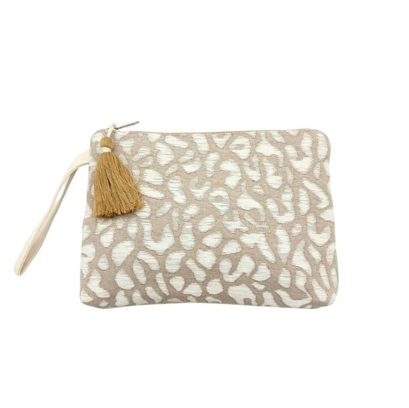 Taupe & Ecru Leopard clutch bag with tassel feature for women 