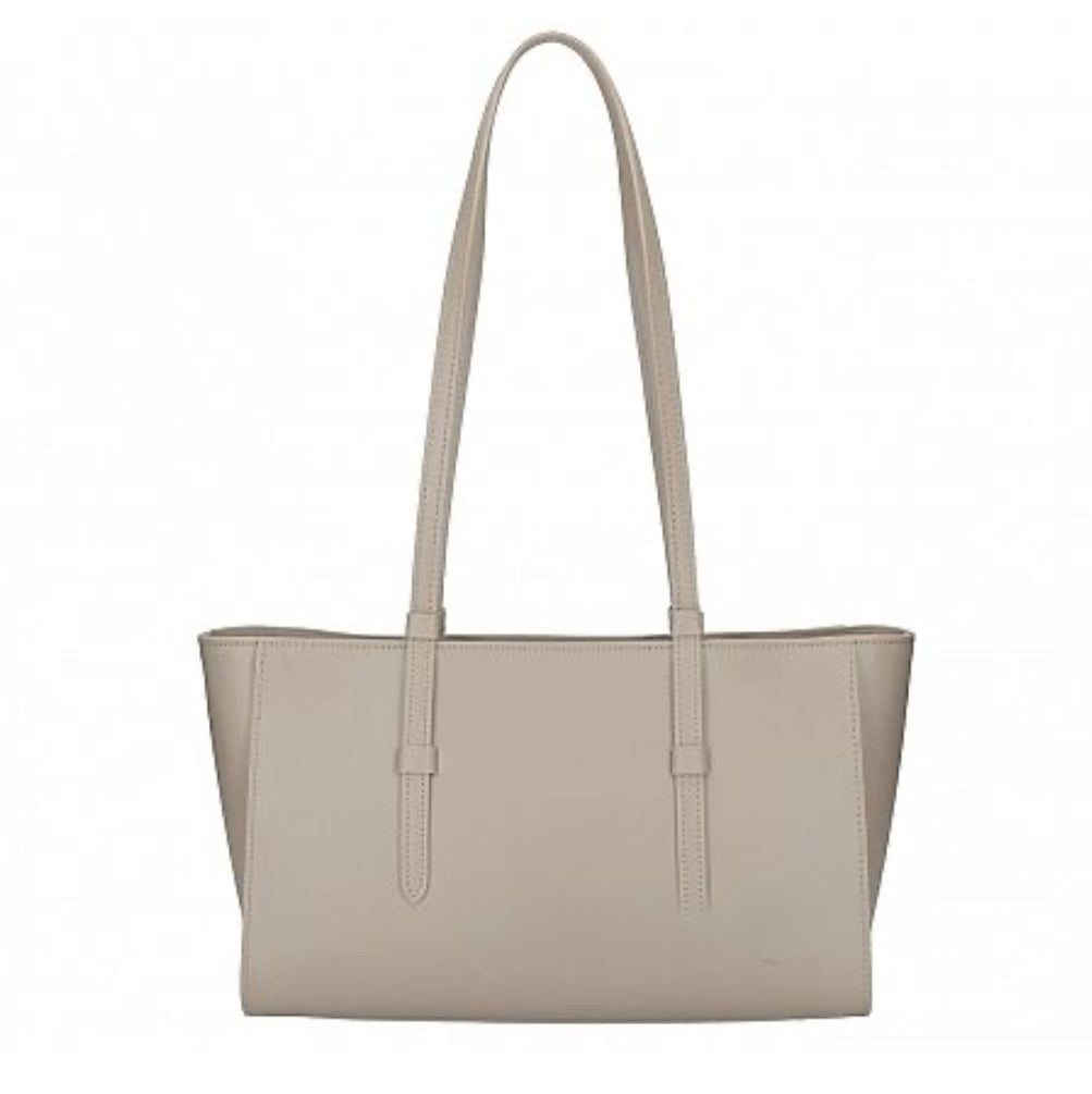 taupe leather tote handbag with a strap on a white background