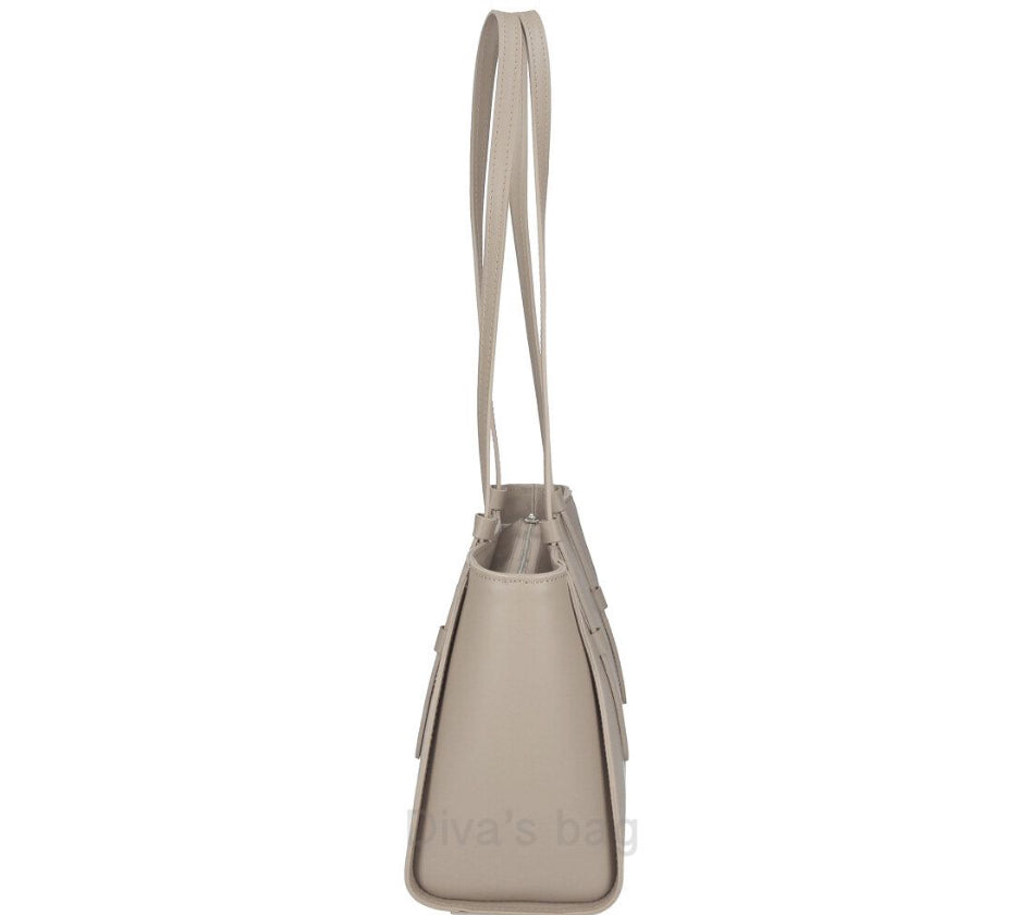 taupe handbag with a strap on a white background