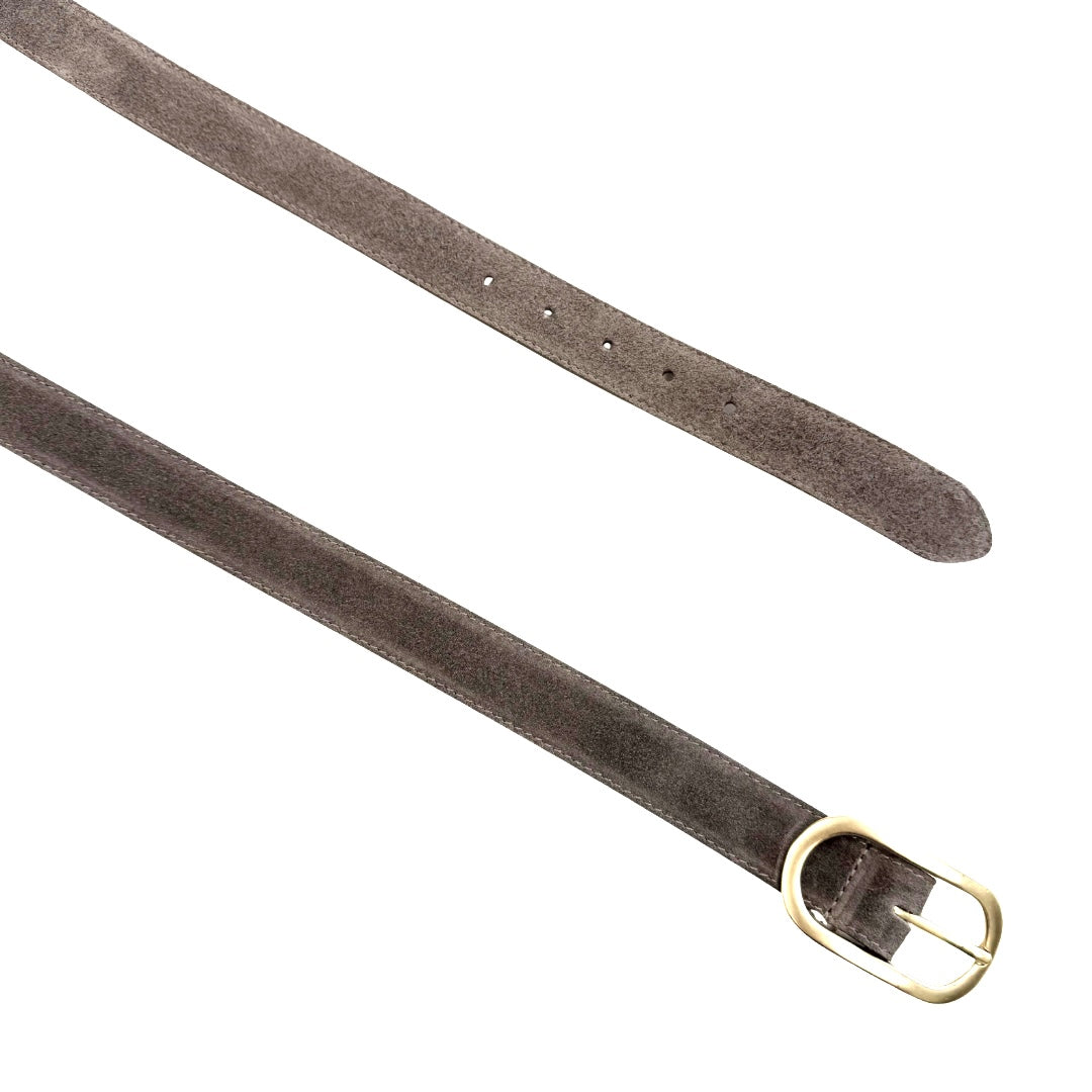 Taupe suede belt with a gold buckle for women