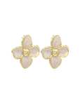 Pair of gold accented flower earrings on a white background. 