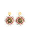Pair of  white, pink and gold beaded earrings with circular design on a white background