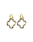 Black & Grey Beaded Clover Gold Hoop Huggies Earrings