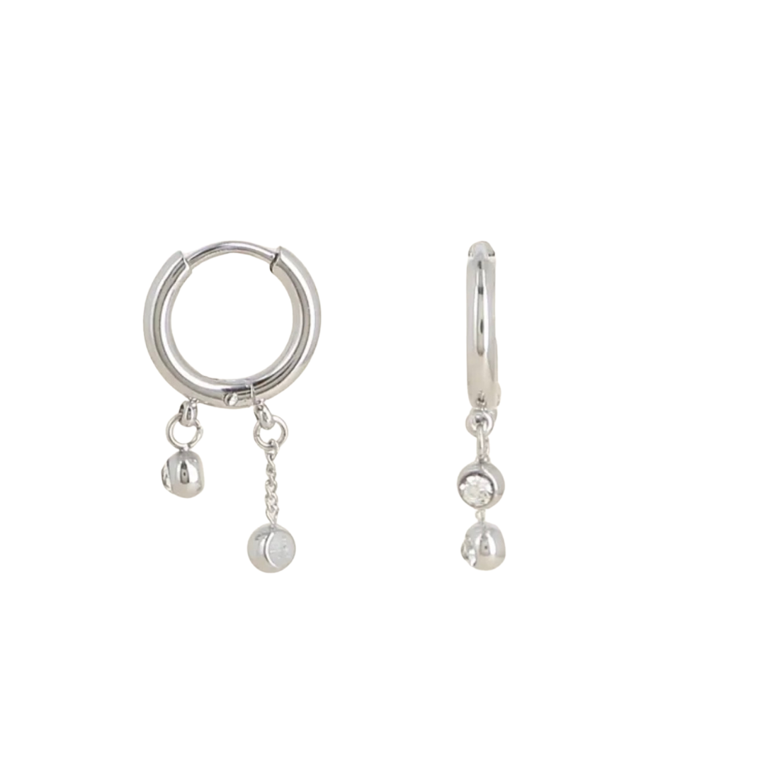 Silver Hoop Huggies with Double Sparkle Drops
