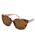 Sunglasses with pink tortoiseshell frame and pink arms on a white background for women