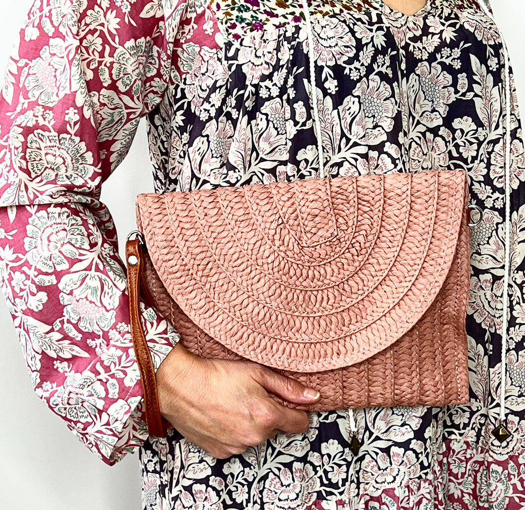 Pink Straw Woven Clutch Bag