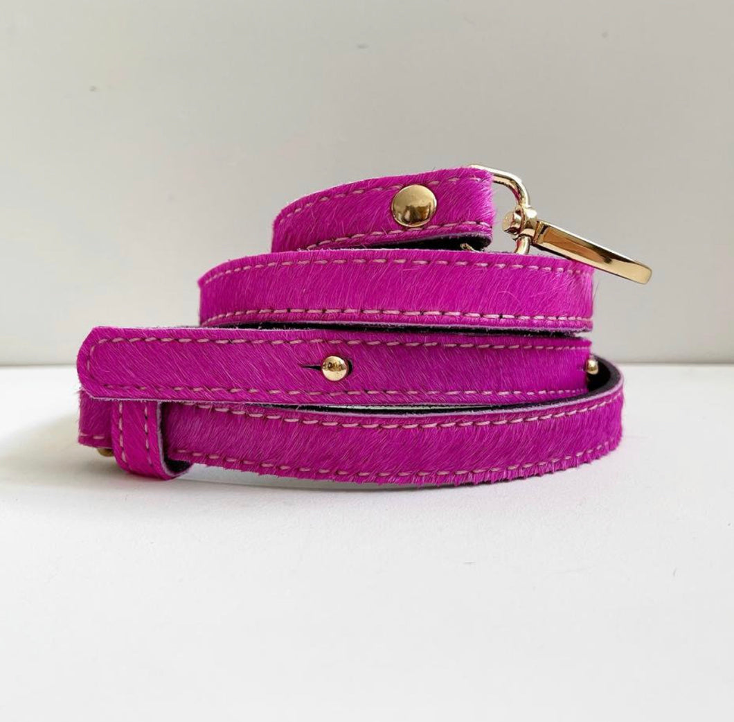 Bright Pink Pony Skin Leather Narrow Strap - Gold Hardware