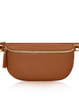 large dark tan crossbody/ waist bag with and adjustable strap and gold hardware. 