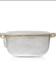  a silver crossbody waist bag with an adjustable strap